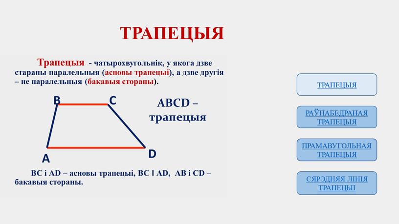 ТРАПЕЦЫЯ Трапецыя - чатырохвугольнік, у якога дзве стараны паралельныя (асновы трапецыі), а дзве другія – не паралельныя (бакавыя стораны)