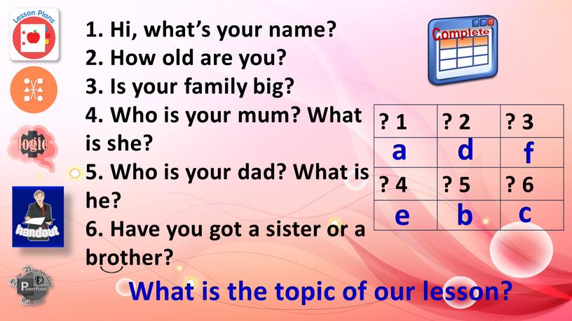 Hi, what’s your name? 2. How old are you? 3