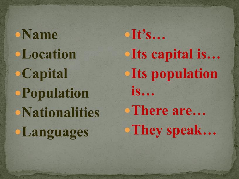 Name Location Capital Population