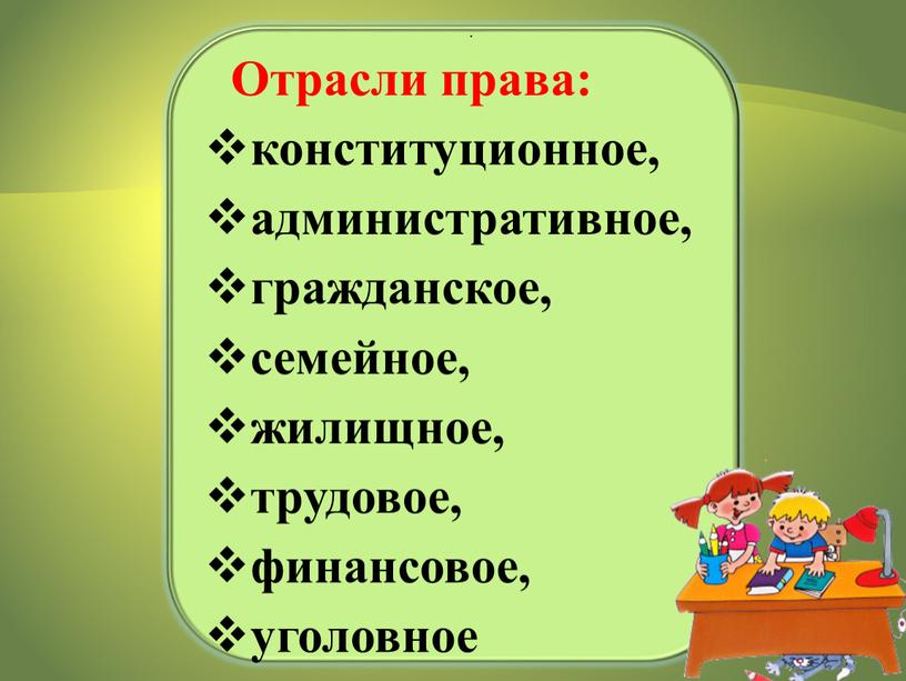 Отрасли права: конституционное, административное, гражданское, семейное, жилищное, трудовое, финансовое, уголовное