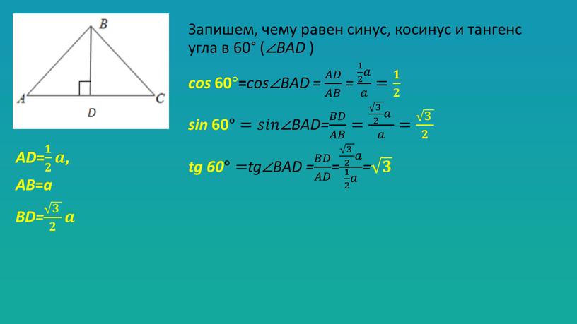 Запишем, чему равен синус, косинус и тангенс угла в 60° ( ∠BAD ) сos 60 ° = cos∠BAD = 𝐴𝐷 𝐴𝐵 𝐴𝐴𝐷𝐷 𝐴𝐷 𝐴𝐵 𝐴𝐴𝐵𝐵…