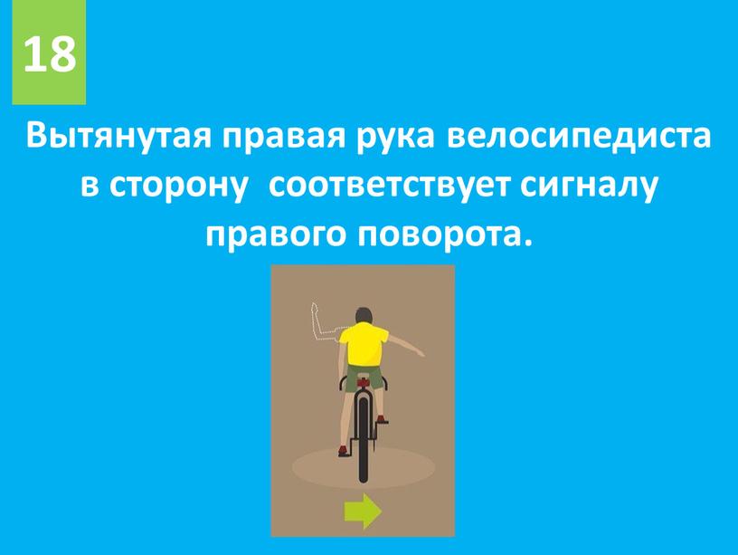 Вытянутая правая рука велосипедиста в сторону соответствует сигналу правого поворота