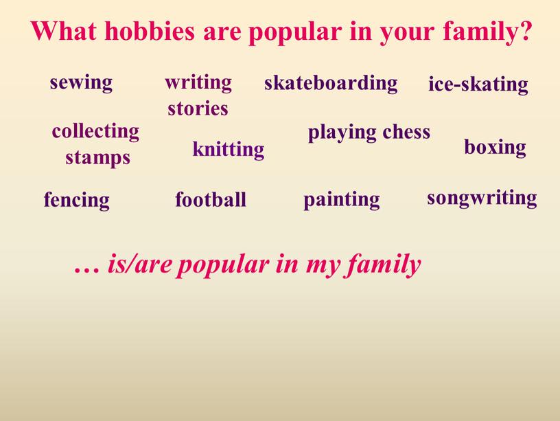 What hobbies are popular in your family? … is/are popular in my family