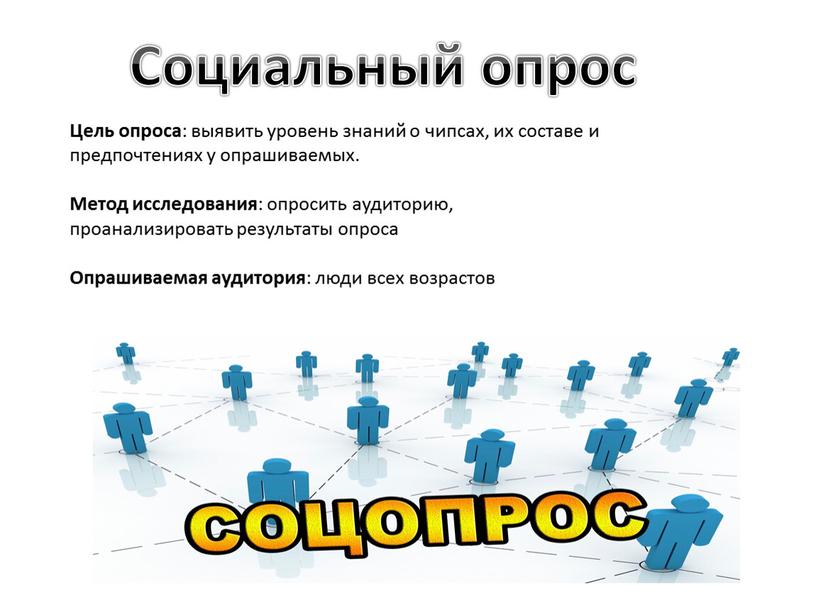 Социальный опрос Цель опроса : выявить уровень знаний о чипсах, их составе и предпочтениях у опрашиваемых