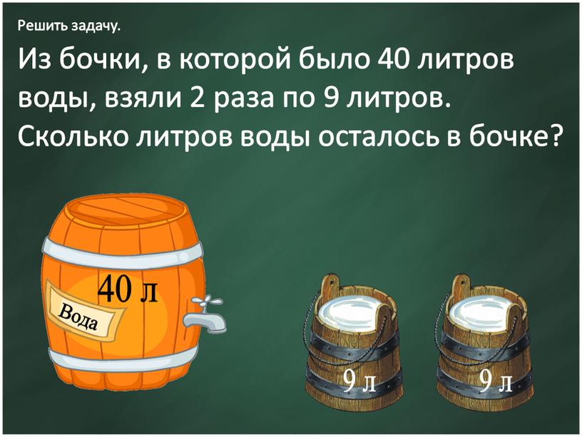 Решить задачу. Из бочки, в которой было 40 литров воды, взяли 2 раза по 9 литров