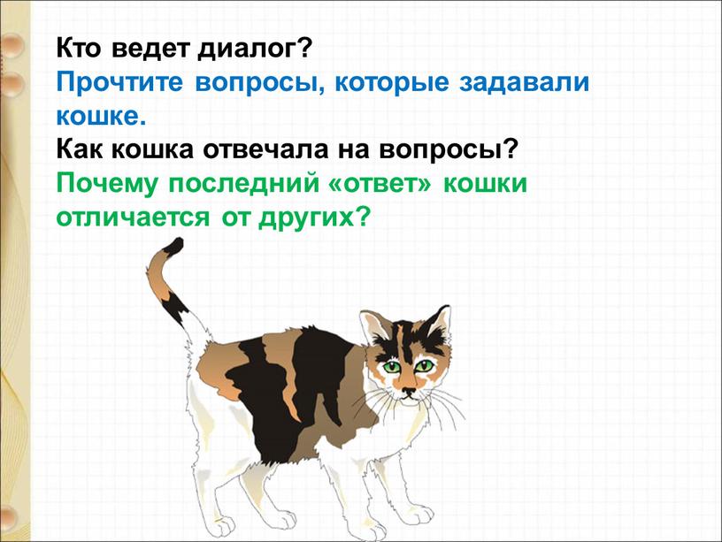 Кто ведет диалог? Прочтите вопросы, которые задавали кошке