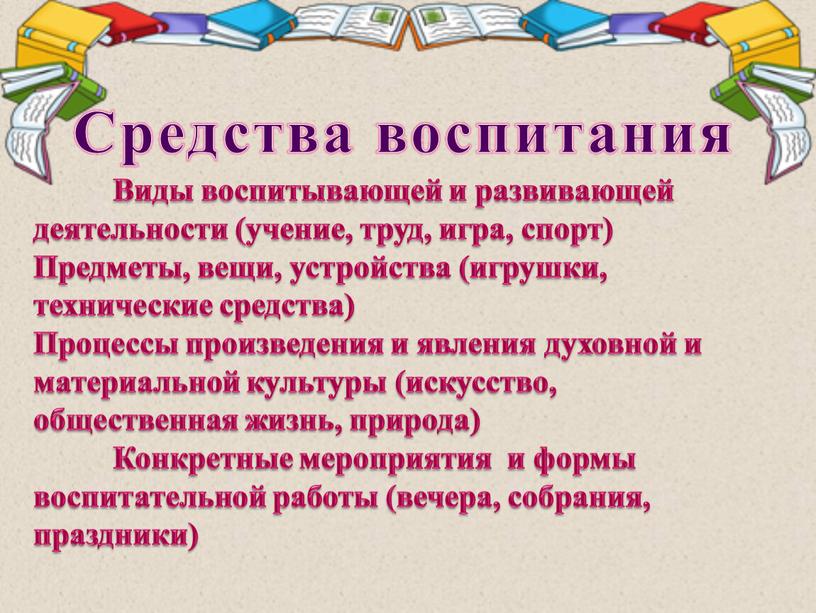 Средства воспитания Виды воспитывающей и развивающей деятельности (учение, труд, игра, спорт)