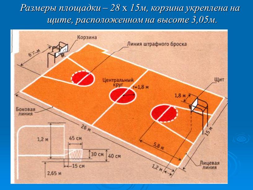 Размеры площадки – 28 х 15м, корзина укреплена на щите, расположенном на высоте 3,05м