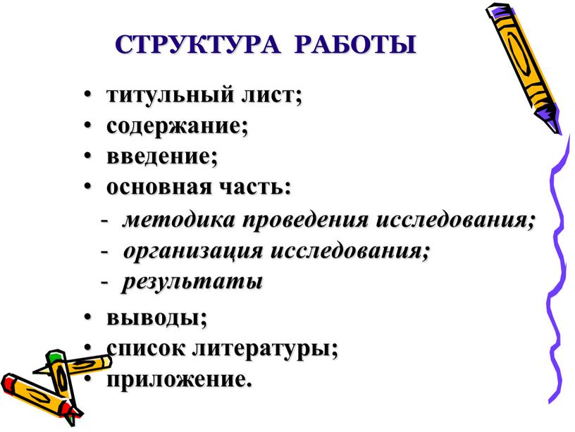 СТРУКТУРА РАБОТЫ титульный лист; содержание; введение; основная часть: выводы; список литературы; приложение