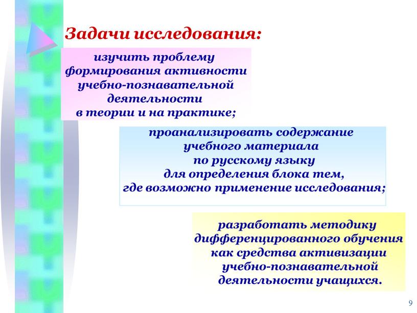 Задачи исследования: изучить проблему формирования активности учебно-познавательной деятельности в теории и на практике; проанализировать содержание учебного материала по русскому языку для определения блока тем, где…