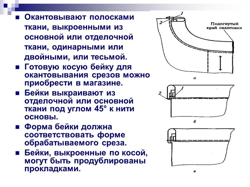 Окантовывают полосками ткани, выкроенными из основной или отделочной ткани, одинарными или двойными, или тесьмой