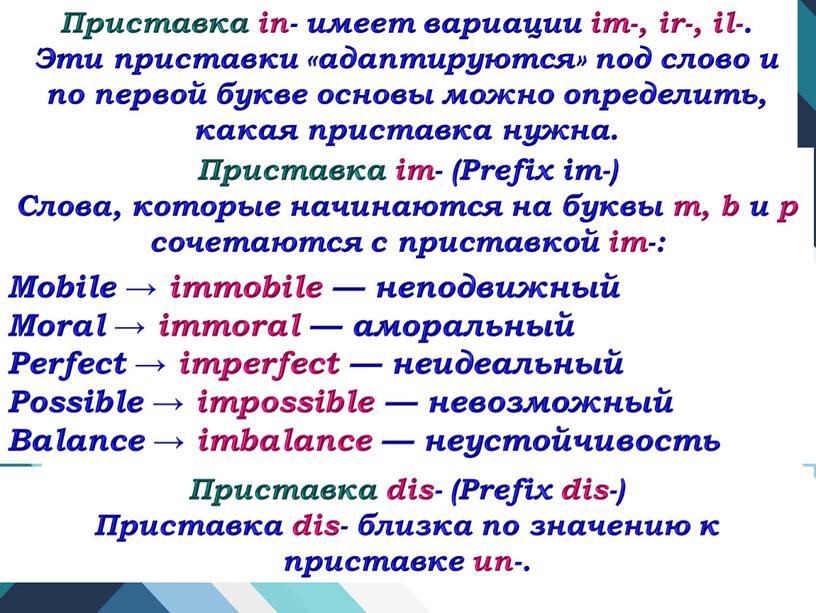 Приставка in- имеет вариации im-, ir-, il-