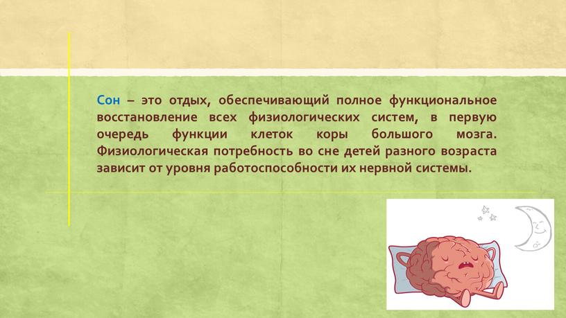 Сон – это отдых, обеспечивающий полное функциональное восстановление всех физиологических систем, в первую очередь функции клеток коры большого мозга