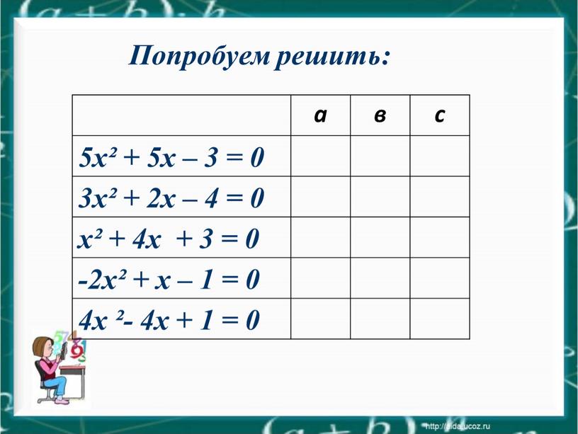 а в с 5x² + 5х – 3 = 0 3x² + 2х – 4 = 0 х² + 4х + 3 = 0 -2x²…