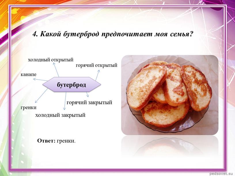 Какой бутерброд предпочитает моя семья? бутерброд холодный открытый горячий открытый канапе гренки холодный закрытый горячий закрытый