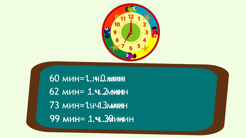 60 мин= …ч…мин 60 мин=1 ч 0 мин 62 мин= …ч…мин 73 мин= …ч…мин 99 мин= …ч…мин 62 мин= 1 ч 2 мин 73 мин=1ч…