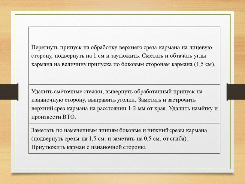 Перегнуть припуск на обработку верхнего среза кармана на лицевую сторону, подвернуть на 1 см и заутюжить