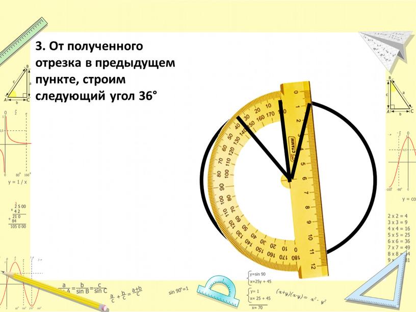 От полученного отрезка в предыдущем пункте, строим следующий угол 36°