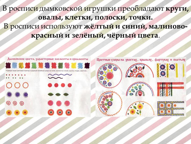 В росписи дымковской игрушки преобладают круги, овалы, клетки, полоски, точки
