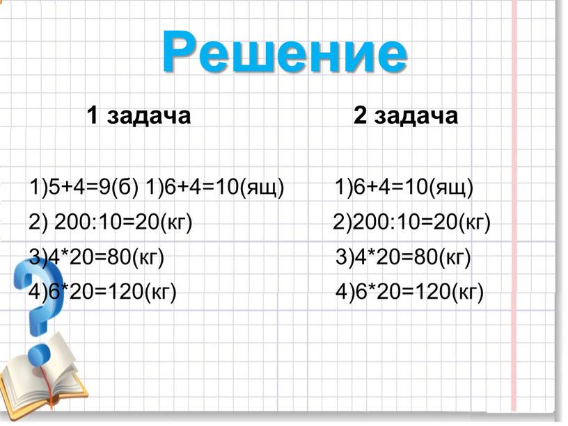 Решение 1 задача 2 задача 1)5+4=9(б) 1)6+4=10(ящ) 1)6+4=10(ящ) 2) 200:10=20(кг) 2)200:10=20(кг) 3)4*20=80(кг) 3)4*20=80(кг) 4)6*20=120(кг) 4)6*20=120(кг)