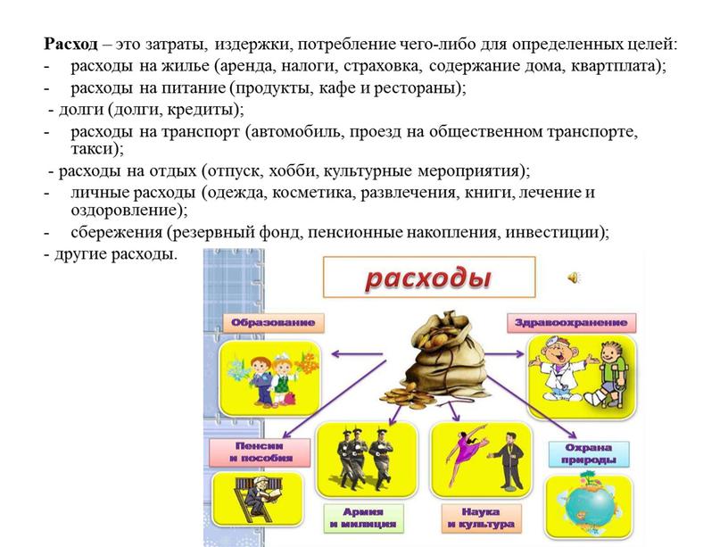 Расход – это затраты, издержки, потребление чего-либо для определенных целей: расходы на жилье (аренда, налоги, страховка, содержание дома, квартплата); расходы на питание (продукты, кафе и…