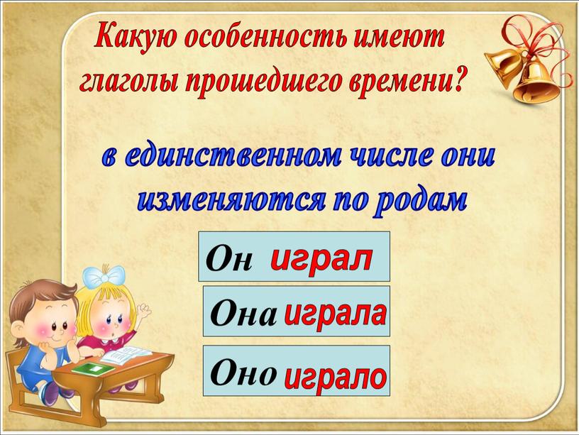 Какую особенность имеют глаголы прошедшего времени? в единственном числе они изменяются по родам