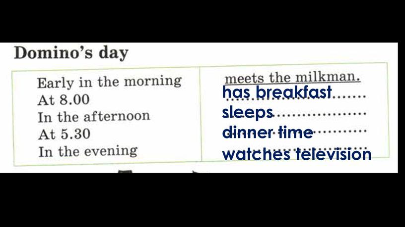 has breakfast sleeps dinner time watches television