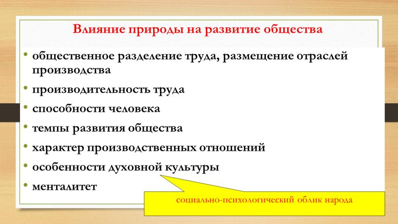 Влияние природы на развитие общества общественное разделение труда, размещение отраслей производства производительность труда способности человека темпы развития общества характер производственных отношений особенности духовной культуры менталитет…