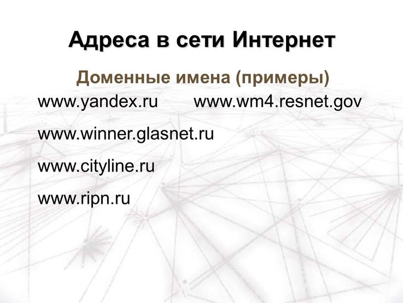 Доменные имена (примеры) www.yandex
