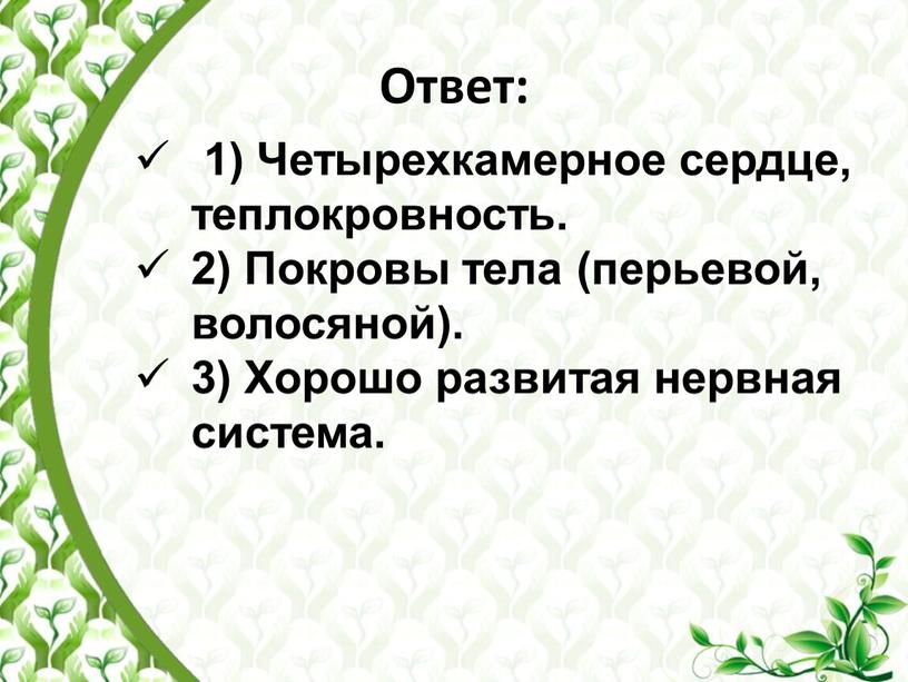 Ответ: 1) Четырехкамерное сердце, теплокровность