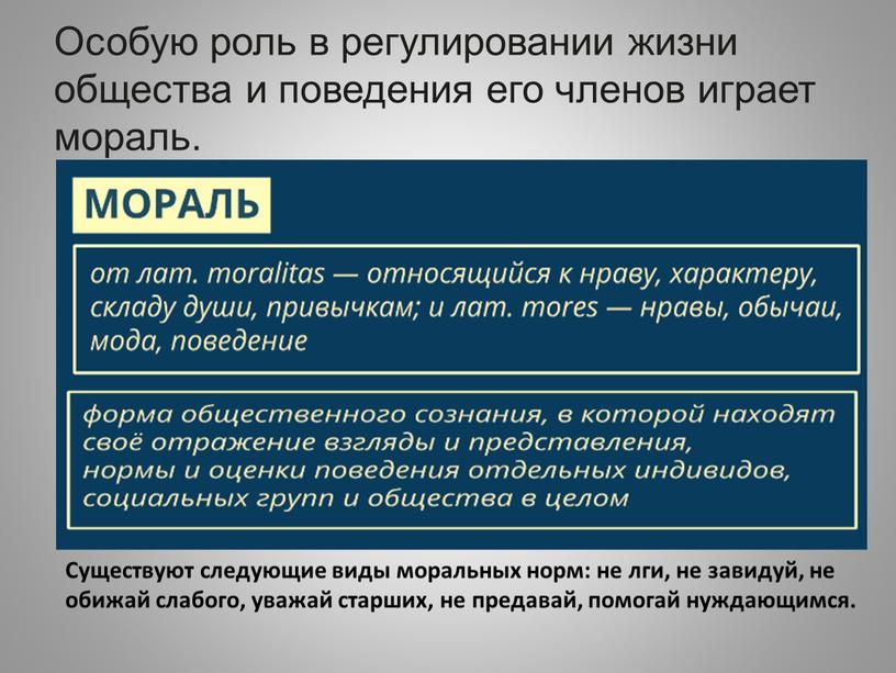 Особую роль в регулировании жизни общества и поведения его членов играет мораль