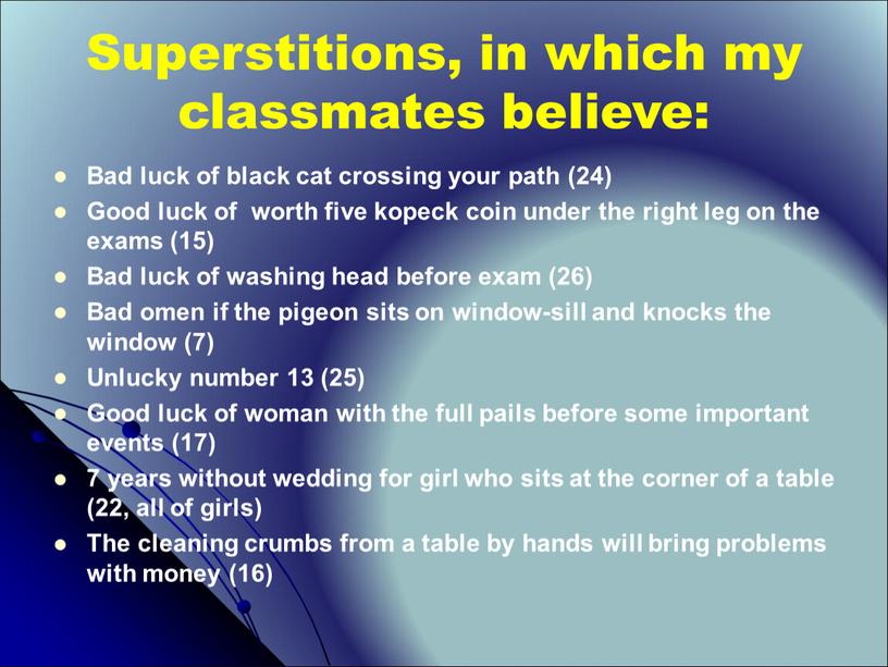 Superstitions, in which my classmates believe: