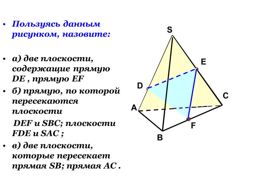 Пользуясь данным рисунком, назовите: а) две плоскости, содержащие прямую