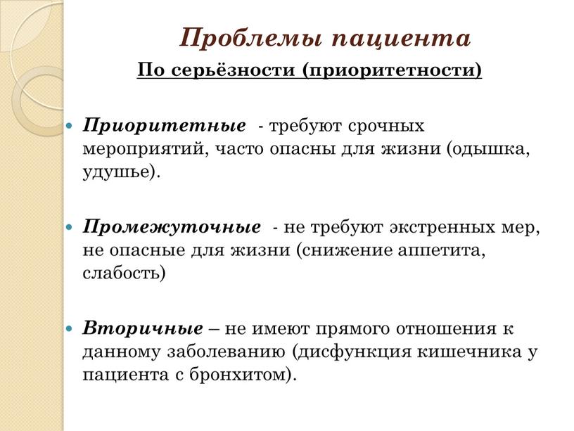 Проблемы пациента По серьёзности (приоритетности)