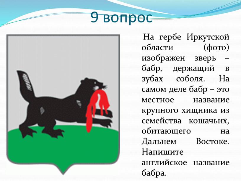 На гербе Иркутской области (фото) изображен зверь – бабр, держащий в зубах соболя