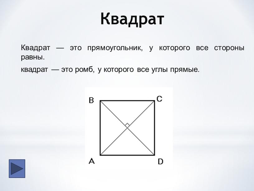 Квадрат Квадрат — это прямоугольник, у которого все стороны равны