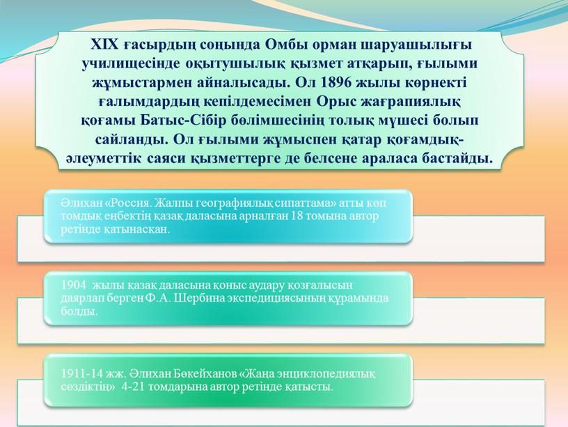 XIX ғасырдың соңында Омбы орман шаруашылығы училищесінде оқытушылық қызмет атқарып, ғылыми жұмыстармен айналысады