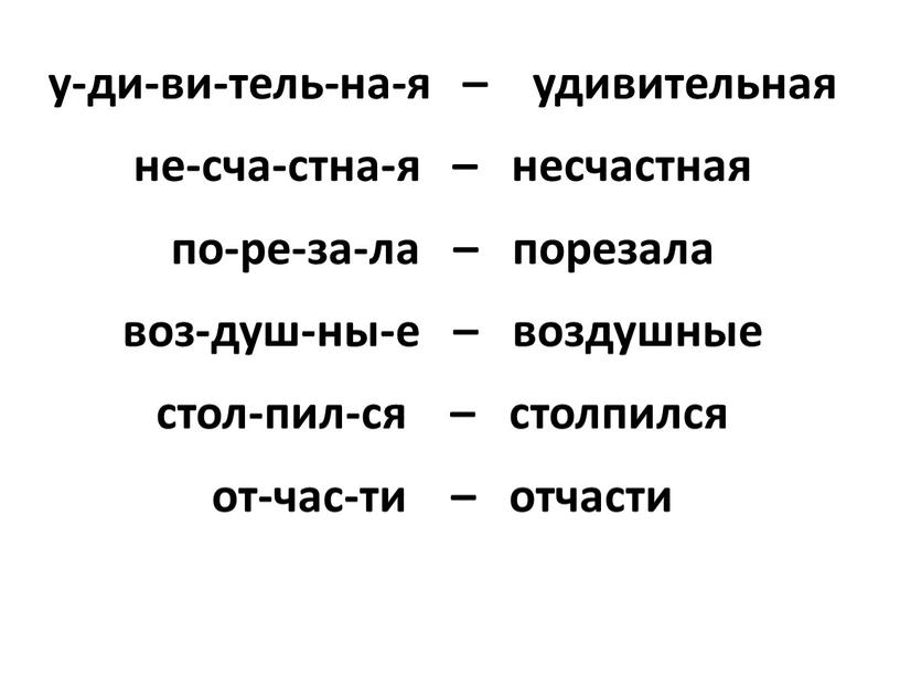 у-ди-ви-тель-на-я – удивительная не-сча-стна-я – несчастная по-ре-за-ла – порезала воз-душ-ны-е – воздушные стол-пил-ся – столпился от-час-ти – отчасти