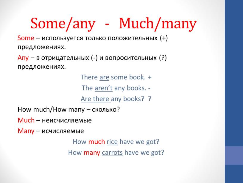 Some/any - Much/many Some – используется только положительных (+) предложениях