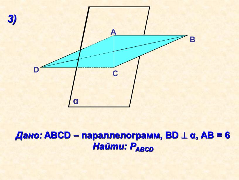 Дано: ABCD – параллелограмм, BD  α,