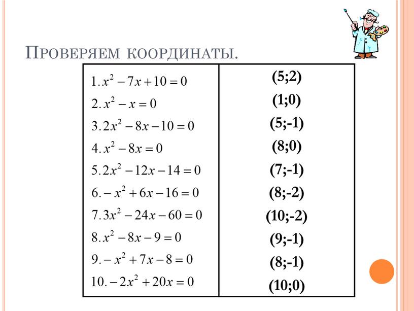 Проверяем координаты. (5;2) (1;0) (5;-1) (8;0) (7;-1) (8;-2) (10;-2) (9;-1) (8;-1) (10;0)