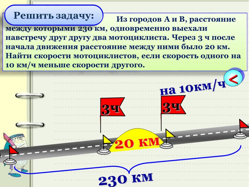 Из городов А и В, расстояние между которыми 230 км, одновременно выехали навстречу друг другу два мотоциклиста