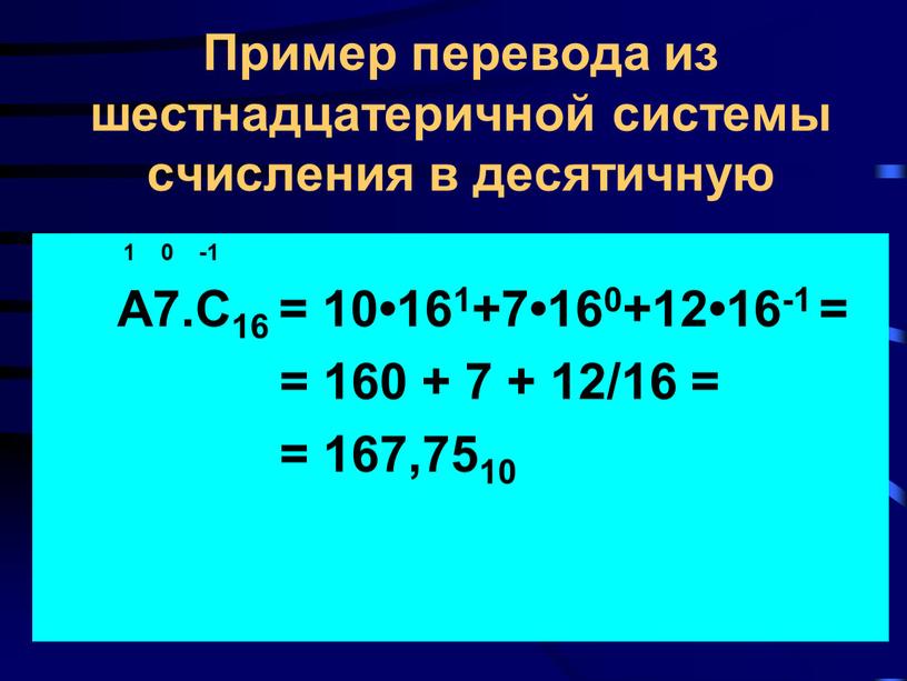Пример перевода из шестнадцатеричной системы счисления в десятичную 1 0 -1