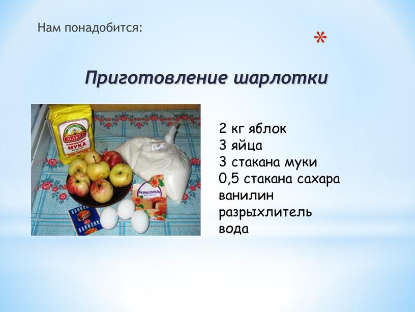 Приготовление шарлотки Нам понадобится: 2 кг яблок 3 яйца 3 стакана муки 0,5 стакана сахара ванилин разрыхлитель вода