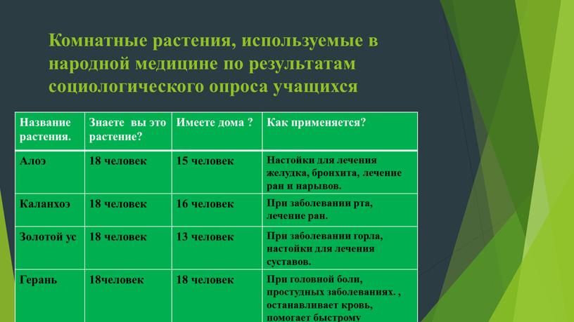 Комнатные растения, используемые в народной медицине по результатам социологического опроса учащихся