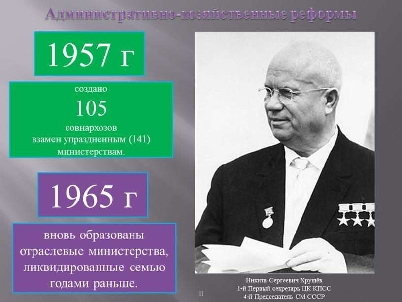 Административно-хозяйственные реформы 1957 г создано 105 совнархозов взамен упраздненным (141) министерствам