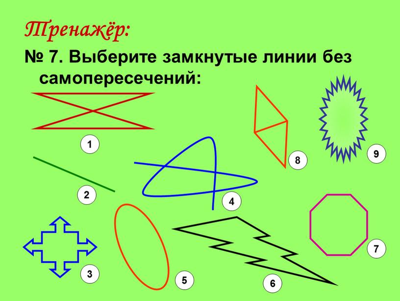 Тренажёр: № 7. Выберите замкнутые линии без самопересечений: 1 2 3 5 6 7 4 8 9