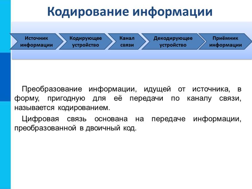 Кодирование информации Преобразование информации, идущей от источника, в форму, пригодную для её передачи по каналу связи, называется кодированием