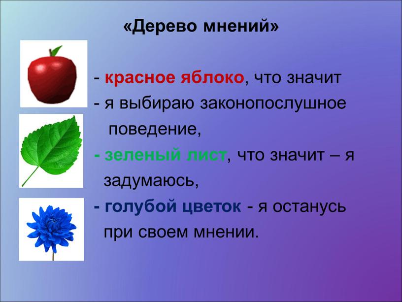Дерево мнений» - красное яблоко , что значит - я выбираю законопослушное поведение, - зеленый лист , что значит – я задумаюсь, - голубой цветок…