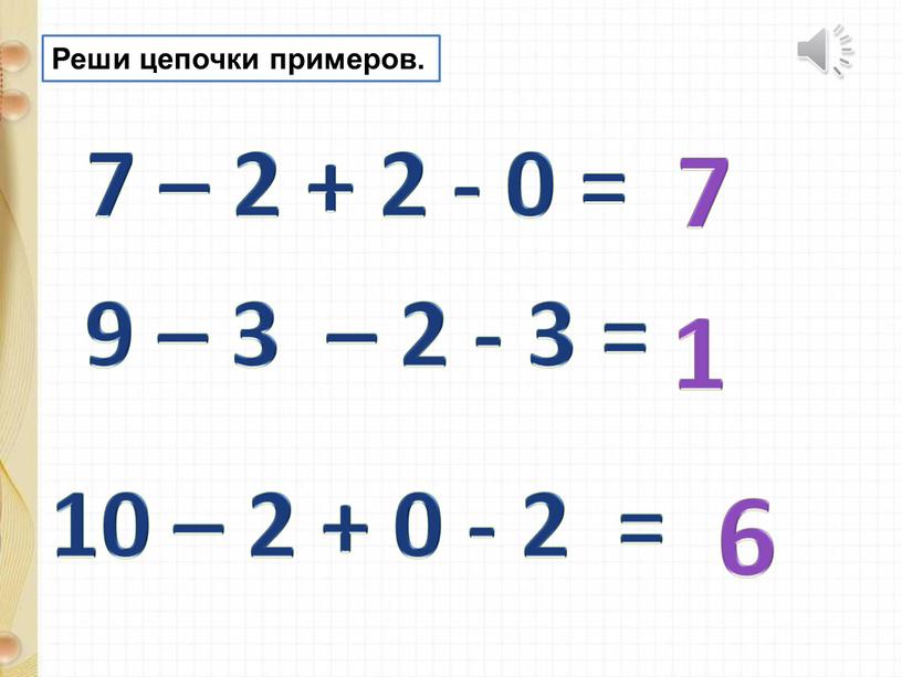 Реши цепочки примеров. 7 – 2 + 2 - 0 = 7 9 – 3 – 2 - 3 = 1 10 – 2 +…